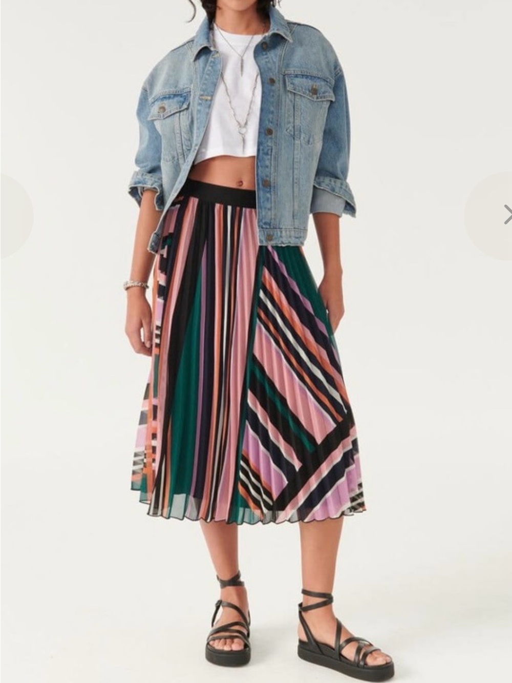 ba&sh Striped Pleated Midi Skirt in Pink, Green, Black